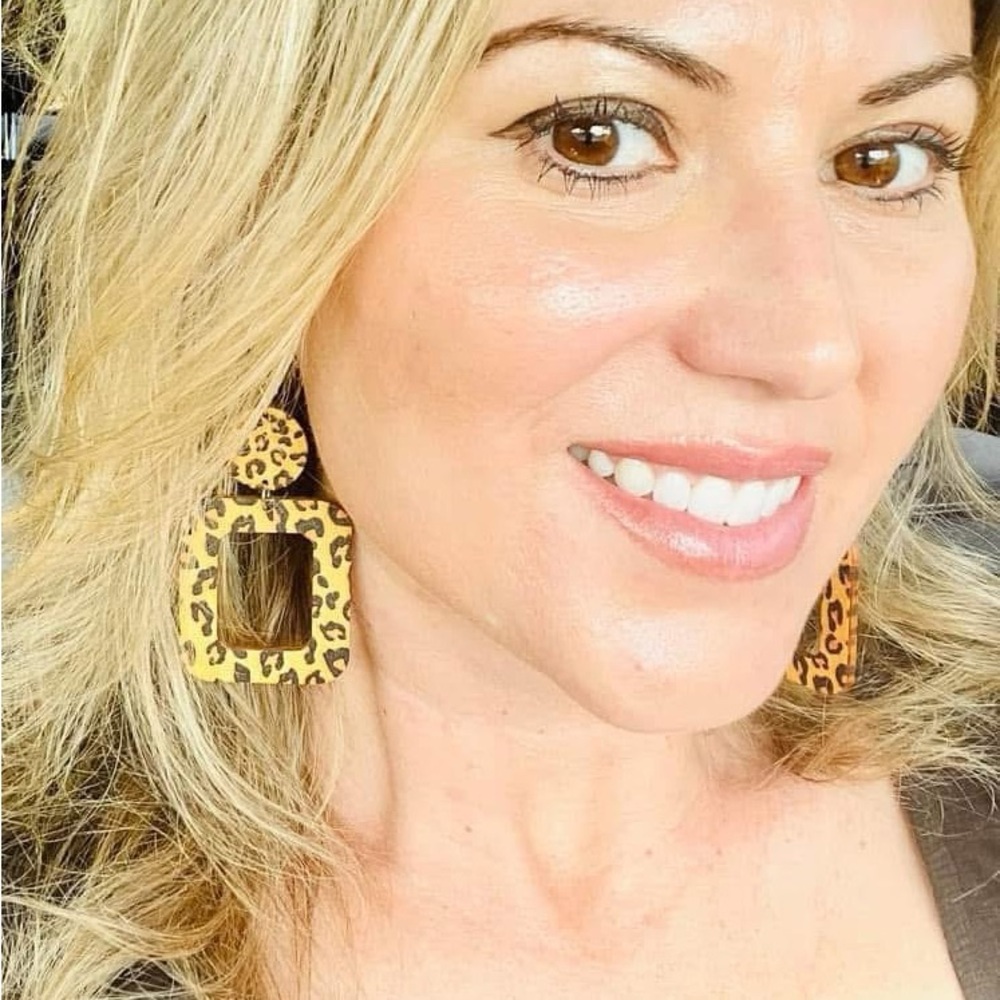 Plunder Leopard Print Double Square Drop Earrings - Yellow and Brown